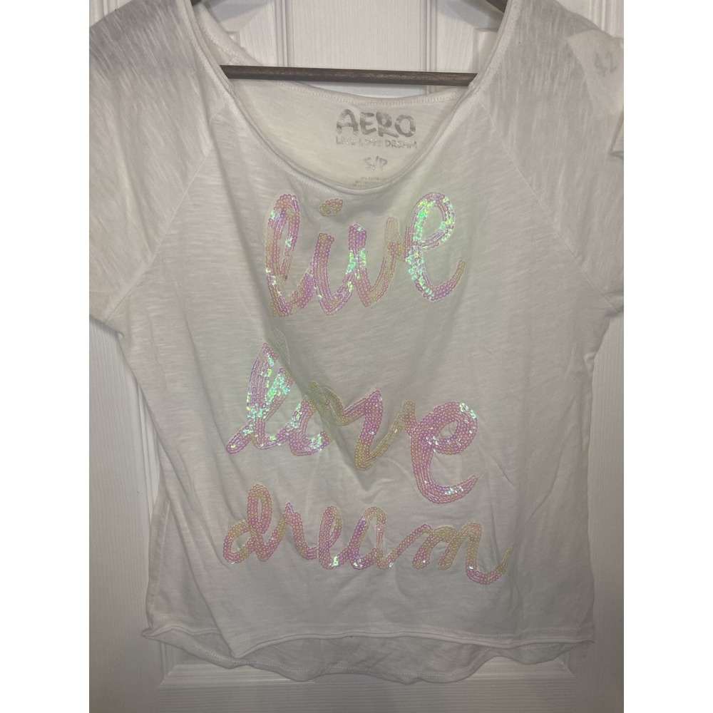 Aeropostale T-Shirt Women's Small Top Crop‎ Glitter Love White